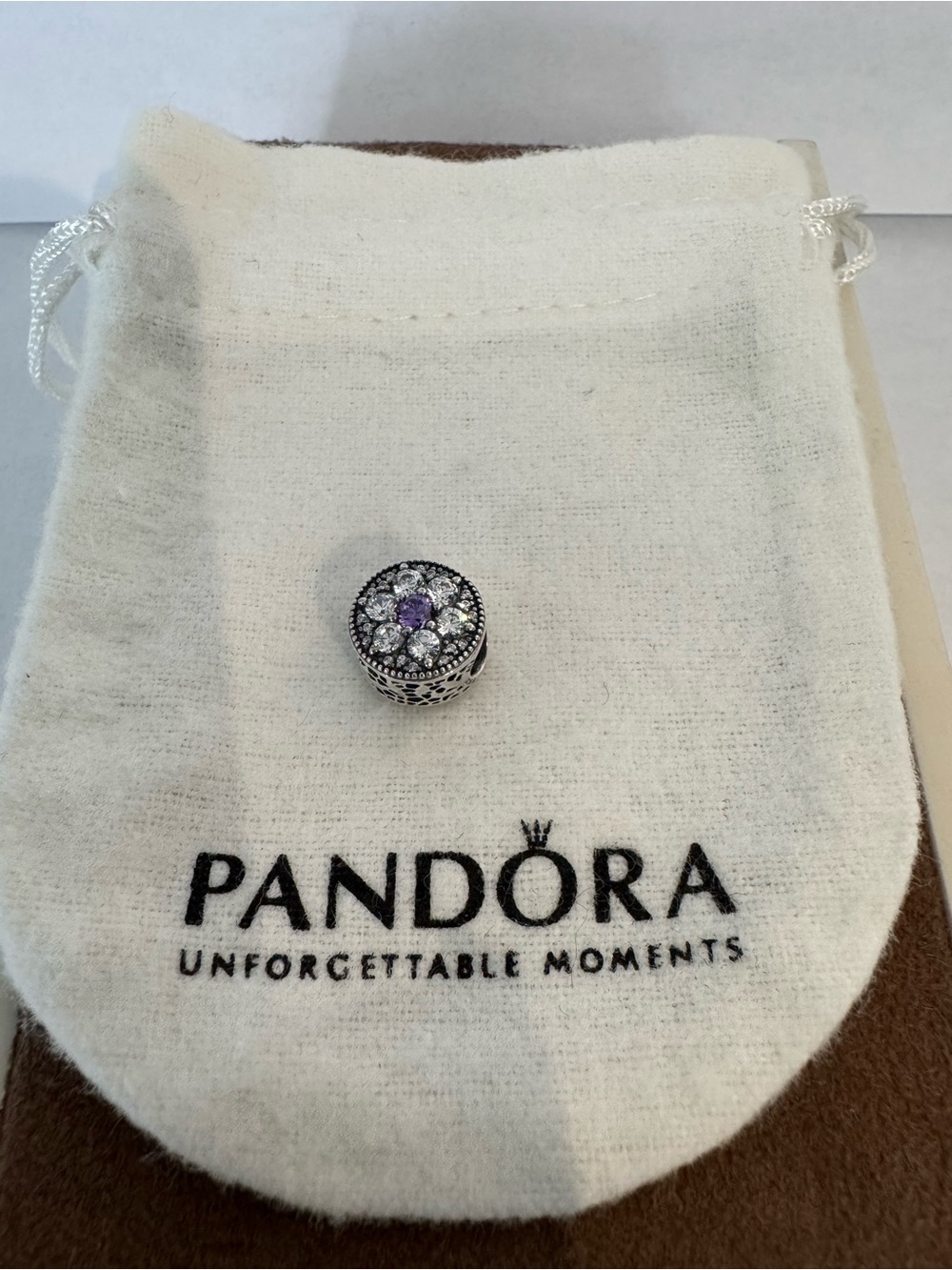Pandora Sterling Silver Floral Charm with Purple Center Stone-New - Picture 6 of 7